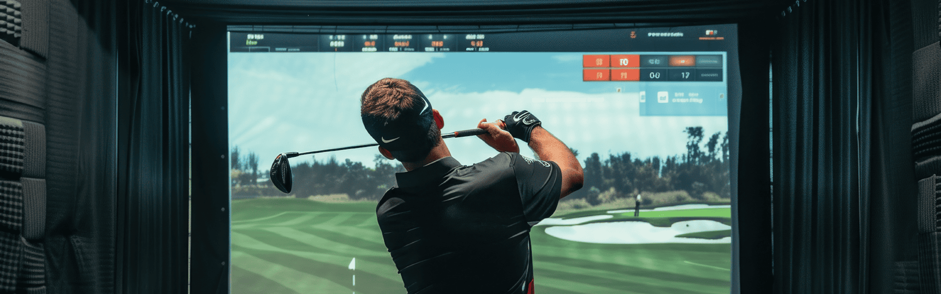 Golfer Swinging Driver In High End Simulator Bay