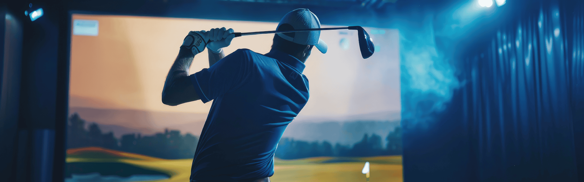 Golfer Swinging In Dark Simulator Room