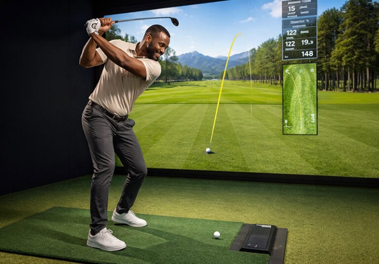 Indoor Golf Simulator Man Swinging Club Virtual Course