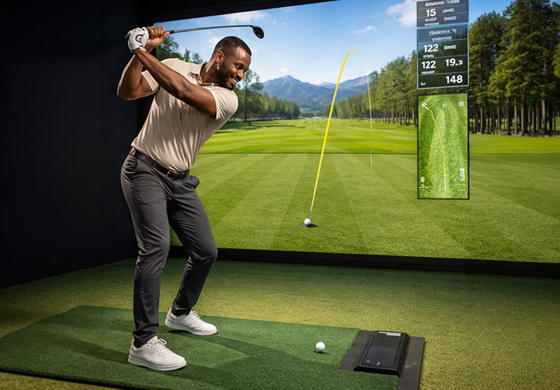 Player swinging in indoor simulator