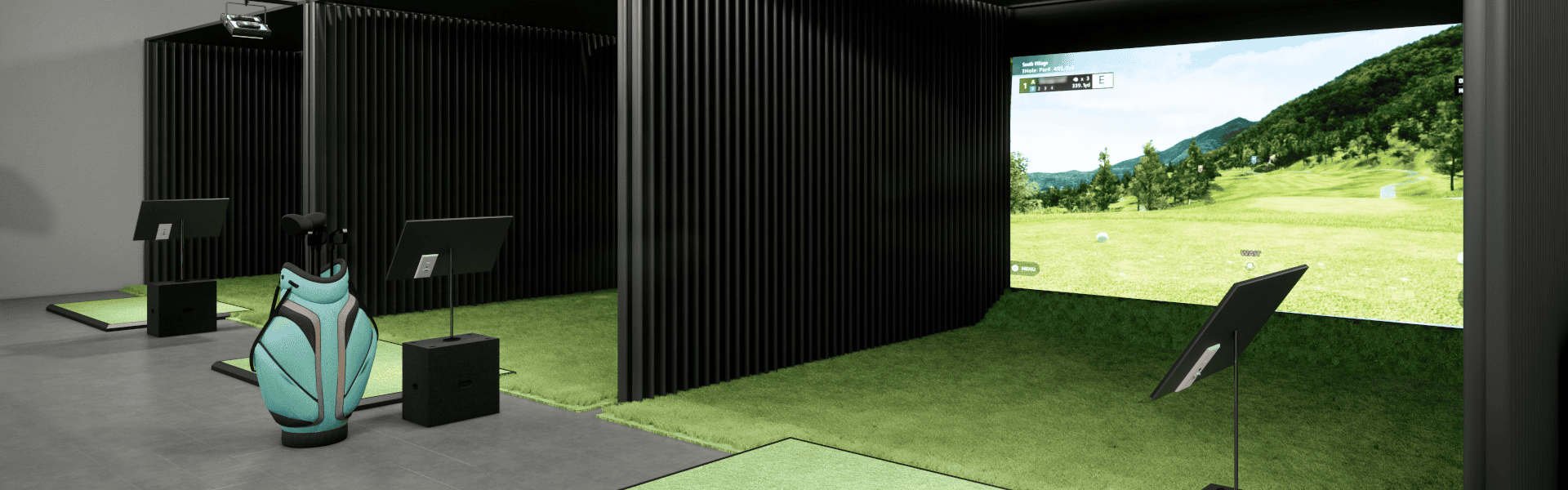 Modern Golf Simulator Stations With Bag Stands