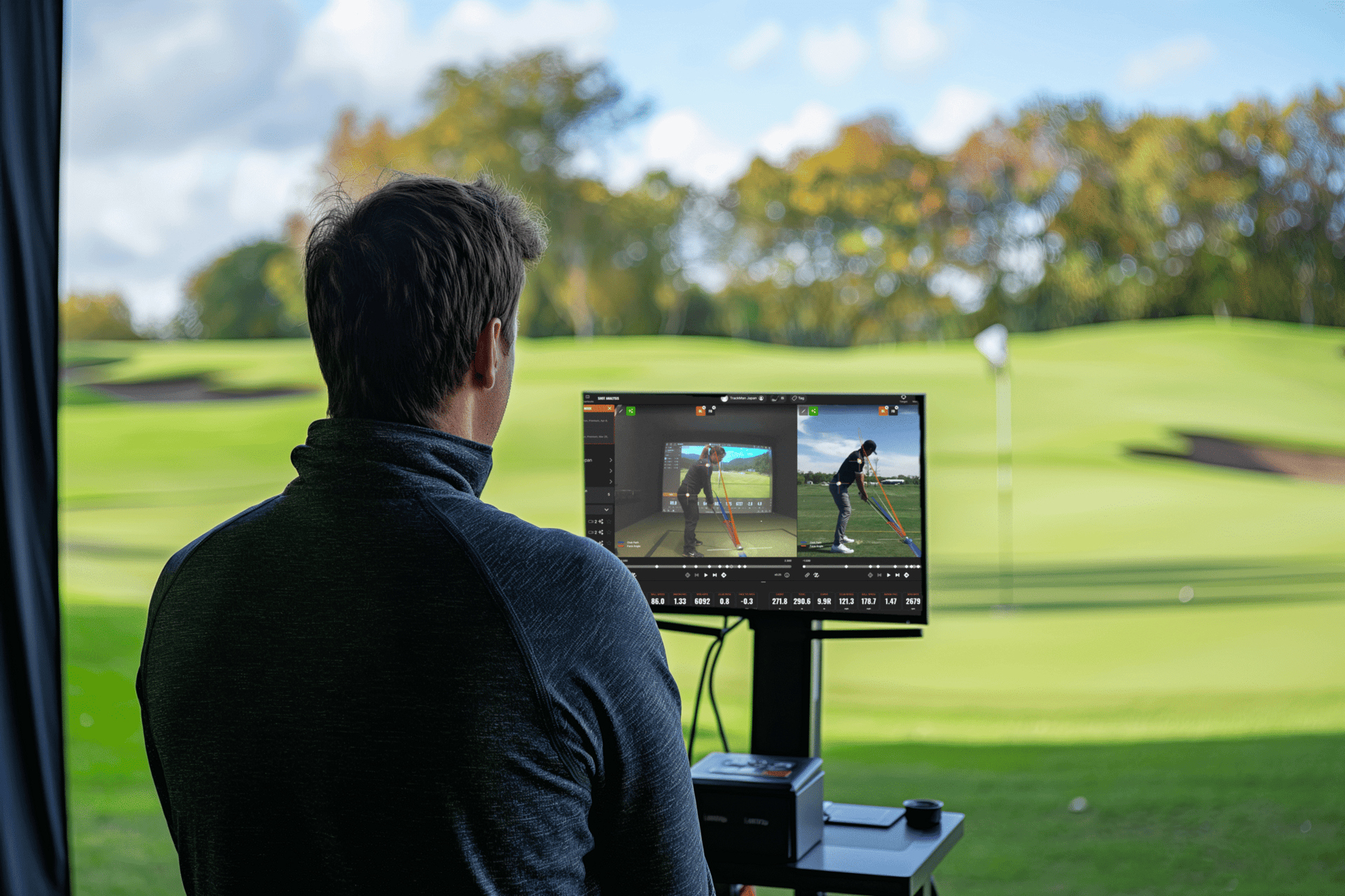 Golfer Analyzing Swing On Tech Monitor Near Range