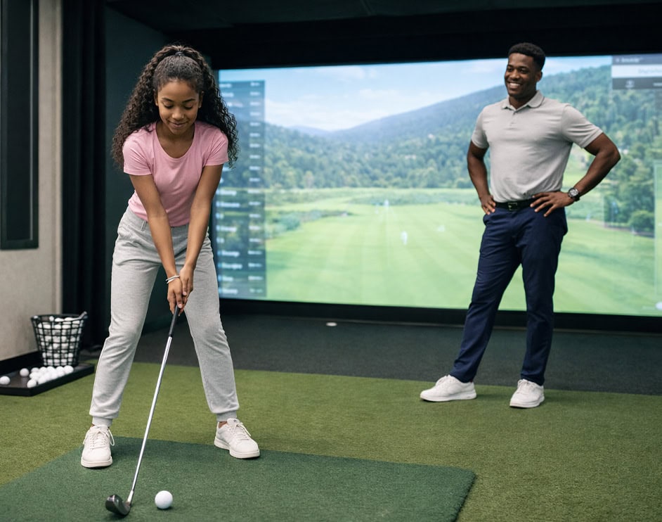 Indoor Golf Lesson Young Girl Swing Coach Simulator