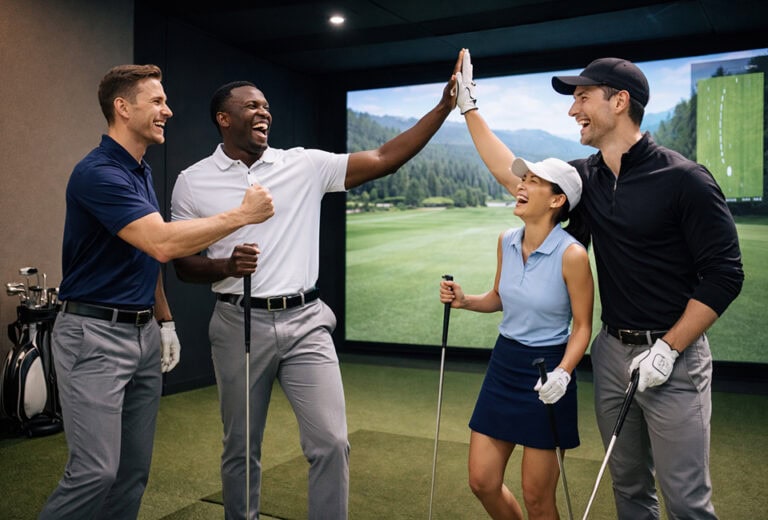 Indoor Golf Simulator Group High Five Celebration