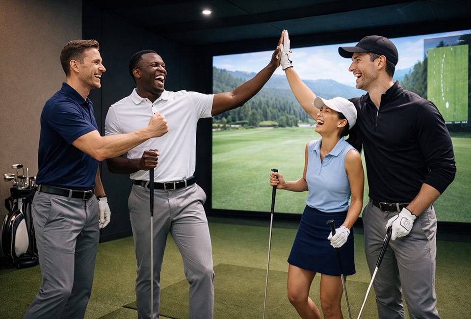 Group celebrating in golf simulator