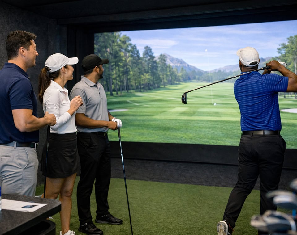 Indoor Golf Simulator Group Playing Virtual Course