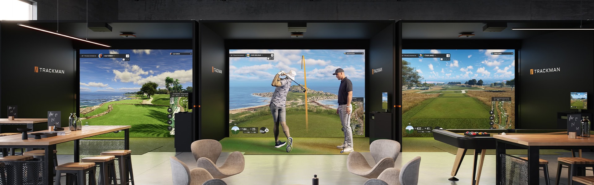 Trackman Simulator Bays With Players And Lounge